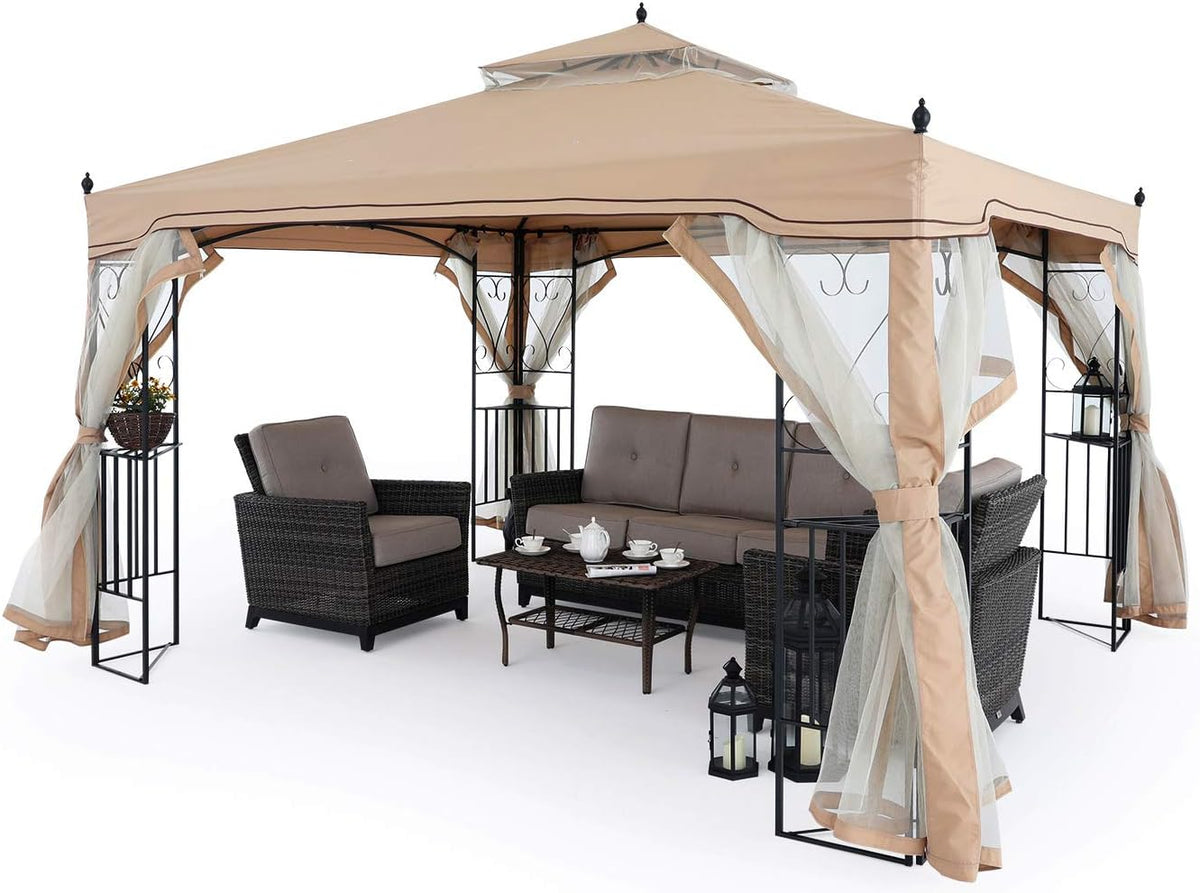 11x13 Patio Gazebo with Netting Screen Walls Beige S91049