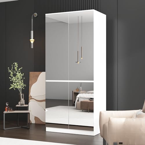 White 4 Door Mirrored Wardrobe Closet with Hanging Rod J55453
