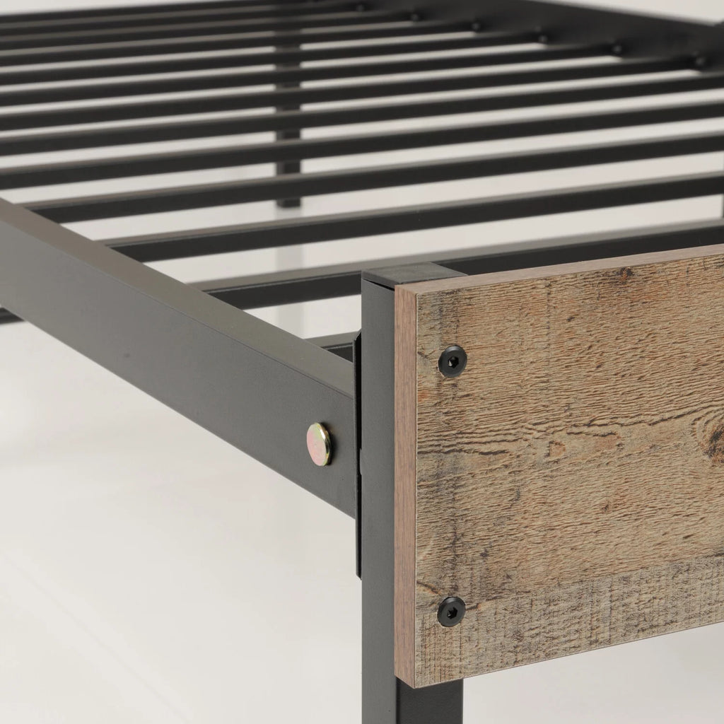 Twin Bed Frame with Black Metal Base and Rustic Barnwood Headboard and Footboard G3942