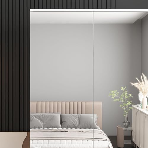 White 4 Door Mirrored Wardrobe Closet with Hanging Rod J55453