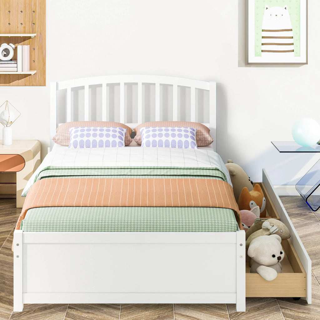 White Wood Twin Size Platform Bed with 2 Drawers S66372