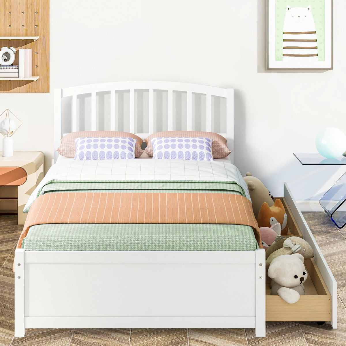 White Wood Twin Size Platform Bed with 2 Drawers S66372