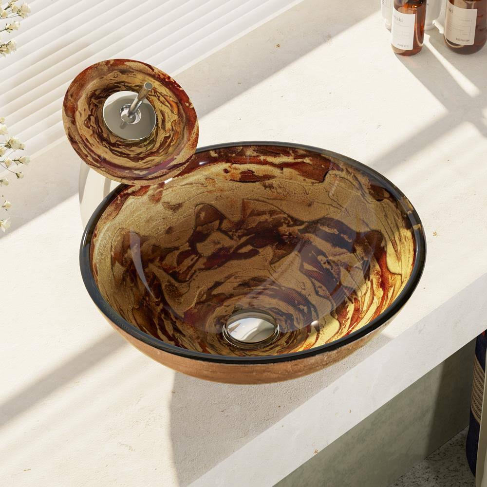 Glass Vessel Sink with Chrome Waterfall Faucet D184732