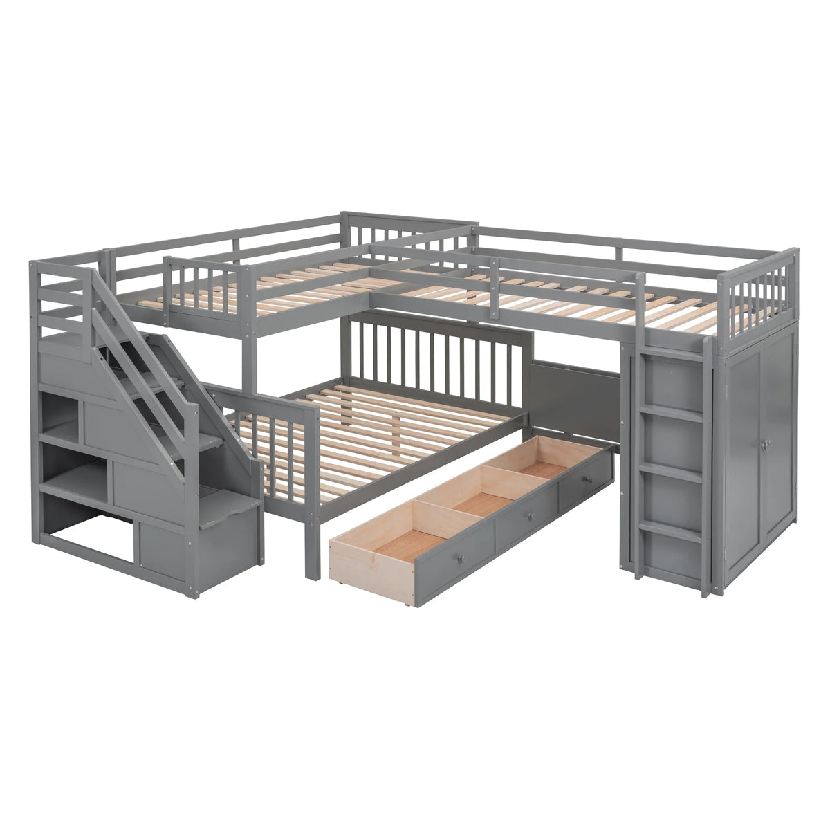 Twin-Twin Over Full L-Shaped Bunk Bed with Wardrobe and Desk I34736