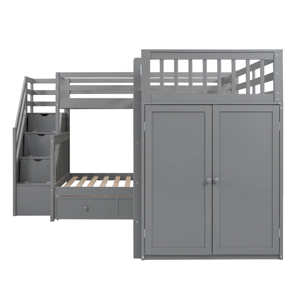 Twin-Twin Over Full L-Shaped Bunk Bed with Wardrobe and Desk I34736