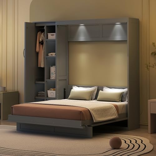 Gray Queen Size Murphy Bed with Storage Shelves and LED Lights M475740