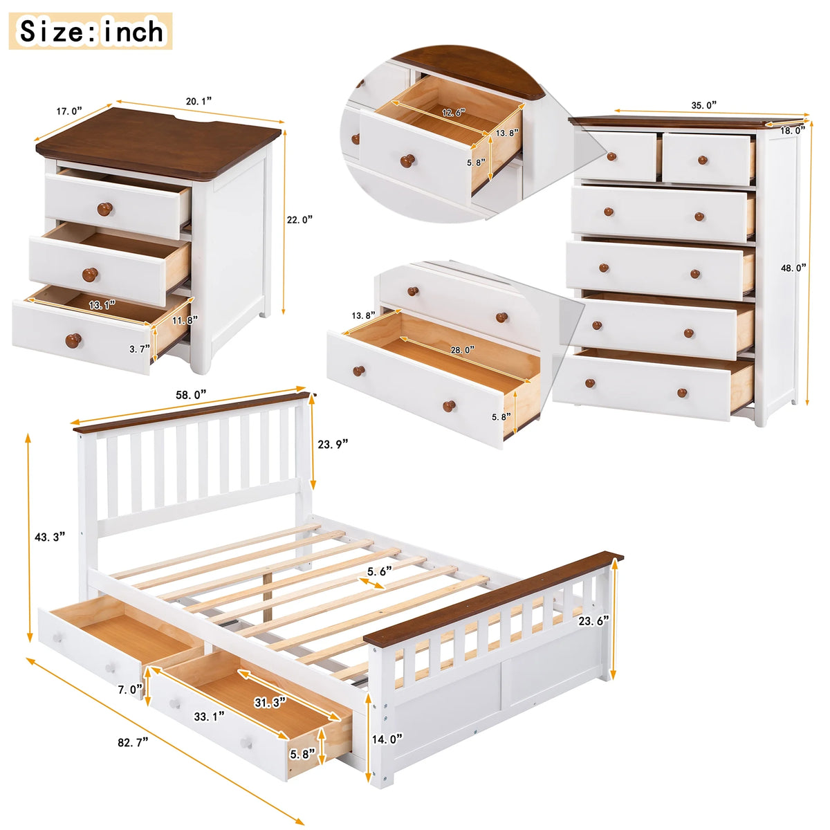 Full Size Platform Bed with Nightstand and Storage Chest, White and Walnut N21896