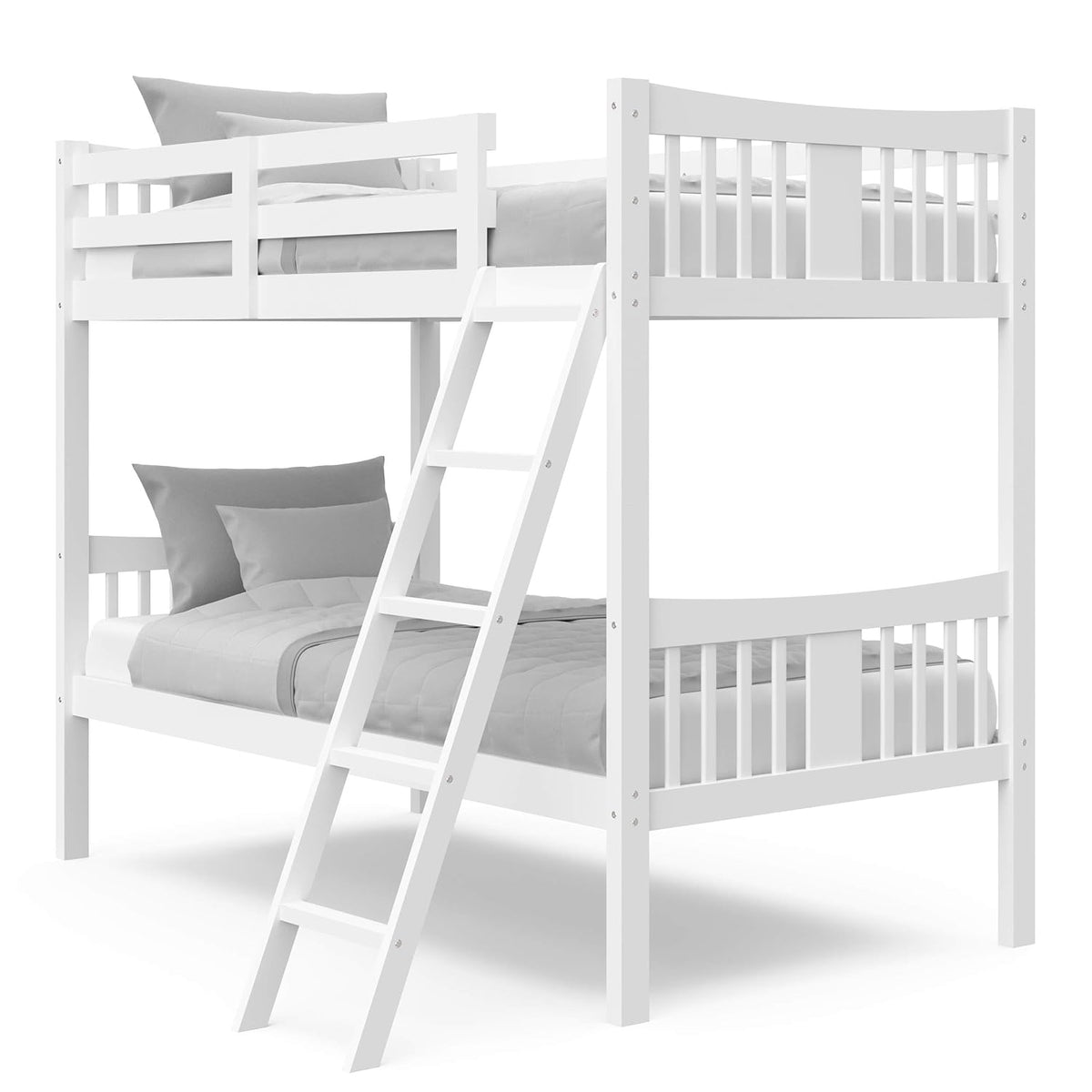 White Twin Solid Hardwood Bunk Bed with Ladder and Safety Rail Z117666