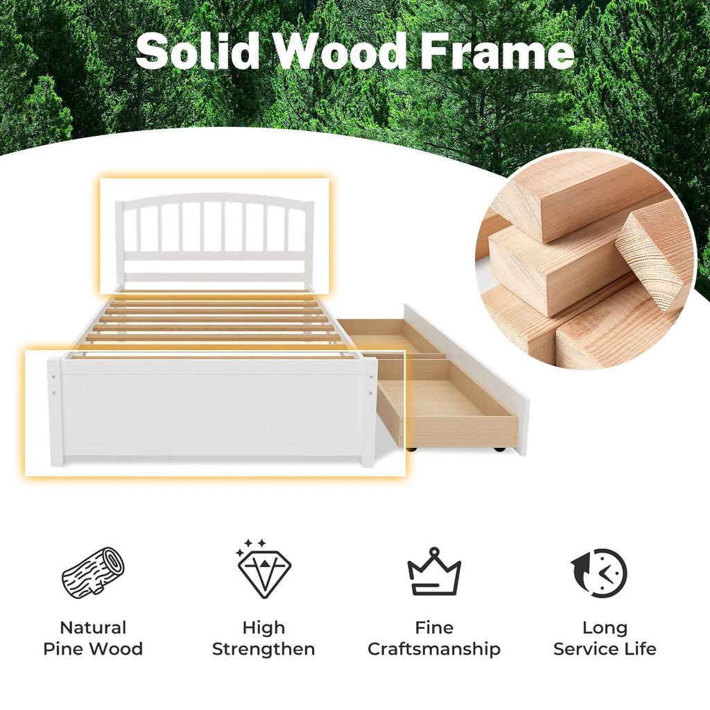 White Wood Twin Size Platform Bed with 2 Drawers S66372