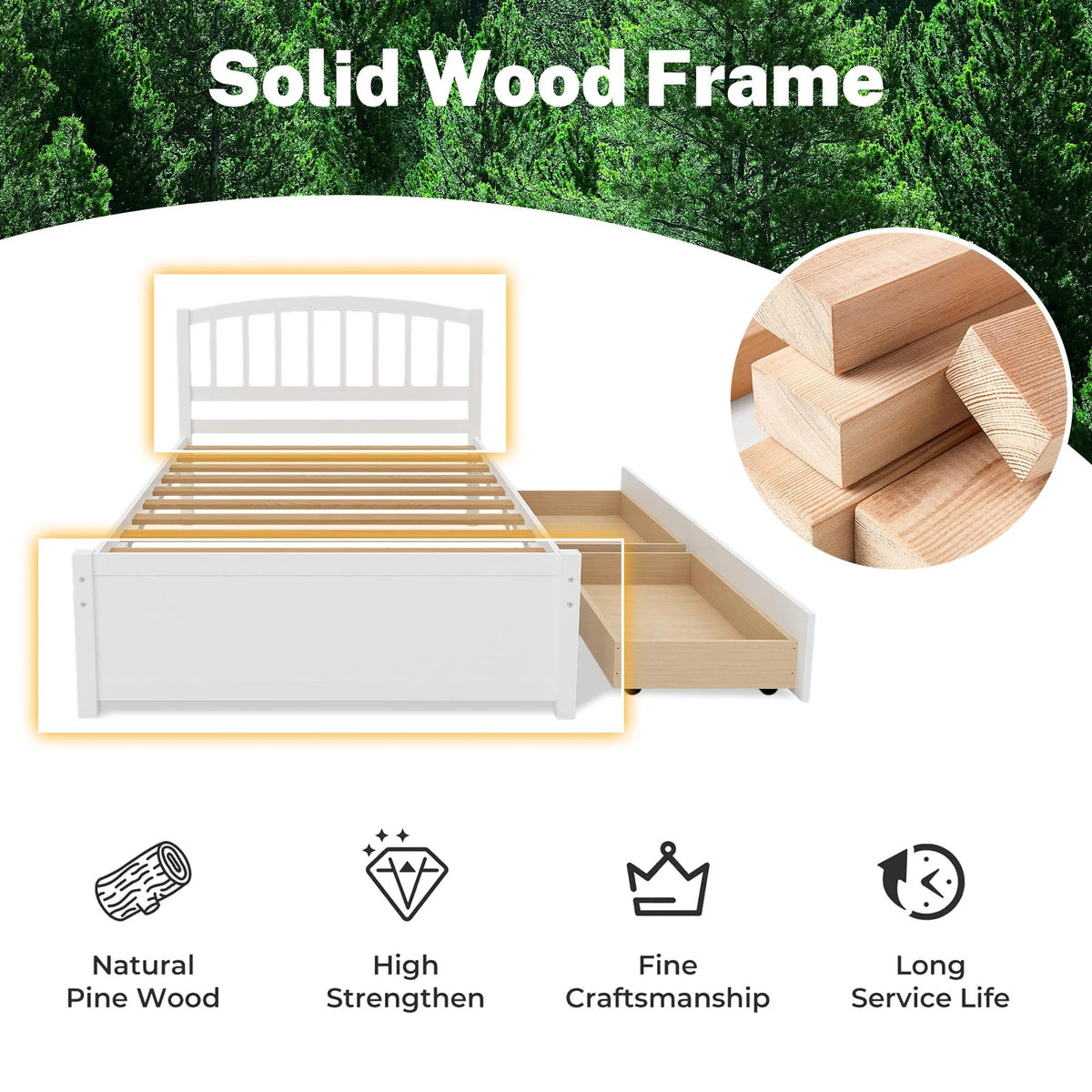 White Wood Twin Size Platform Bed with 2 Drawers S66372