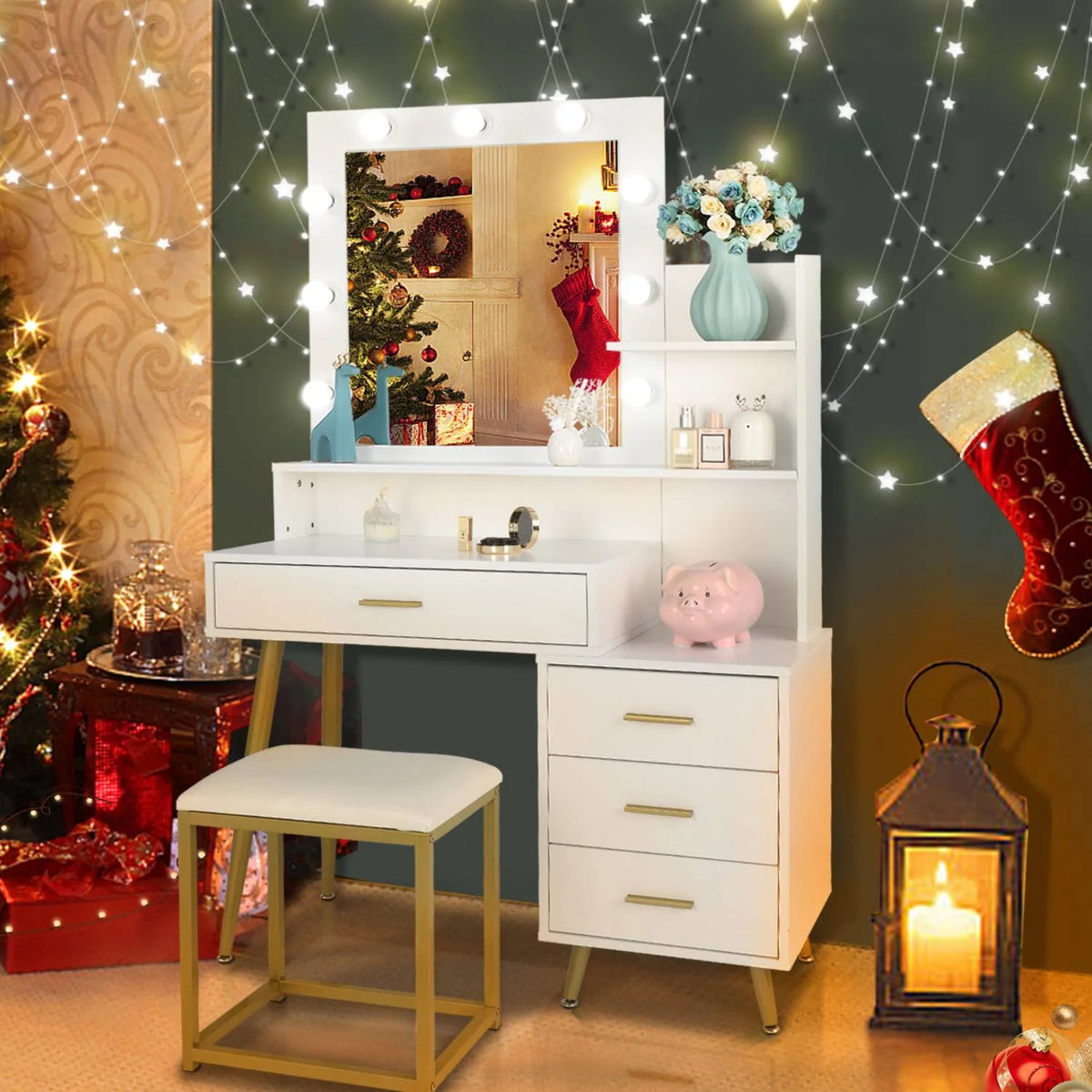 White Vanity Table Set with Lighted Mirror and 4 Drawers S165357