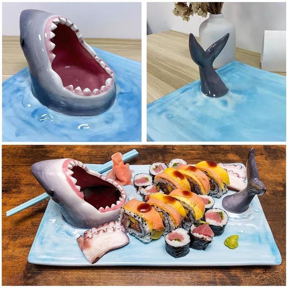 Shark Plate With Sauce Compartment, Handmade Ceramic Sushi Platter L261022