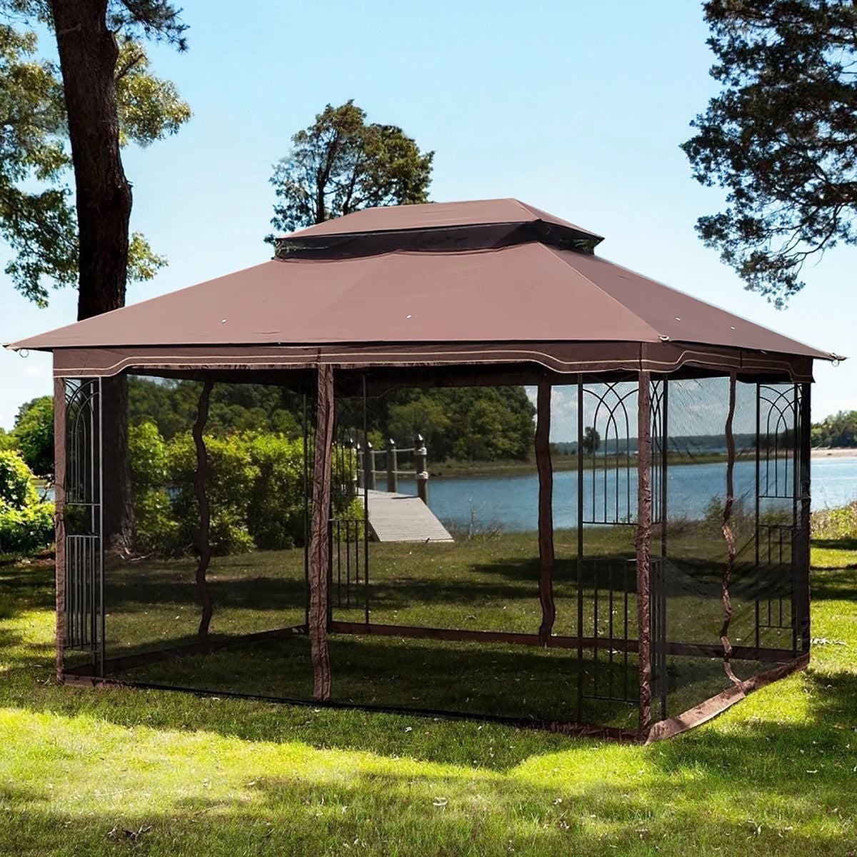 Brown Outdoor Patio Gazebo Canopy Tent With Mosquito Net J236337