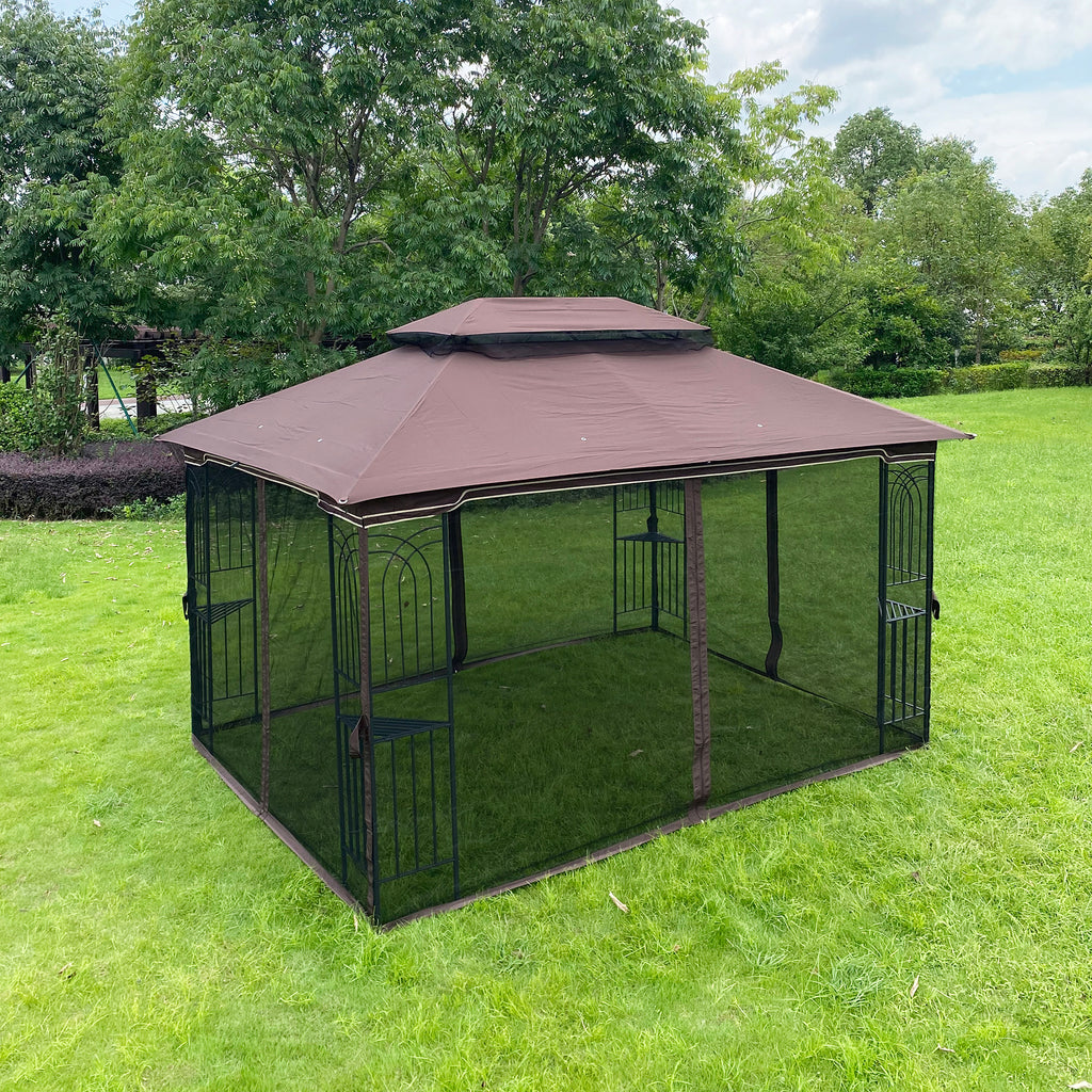 Brown Outdoor Patio Gazebo Canopy Tent With Mosquito Net J236337