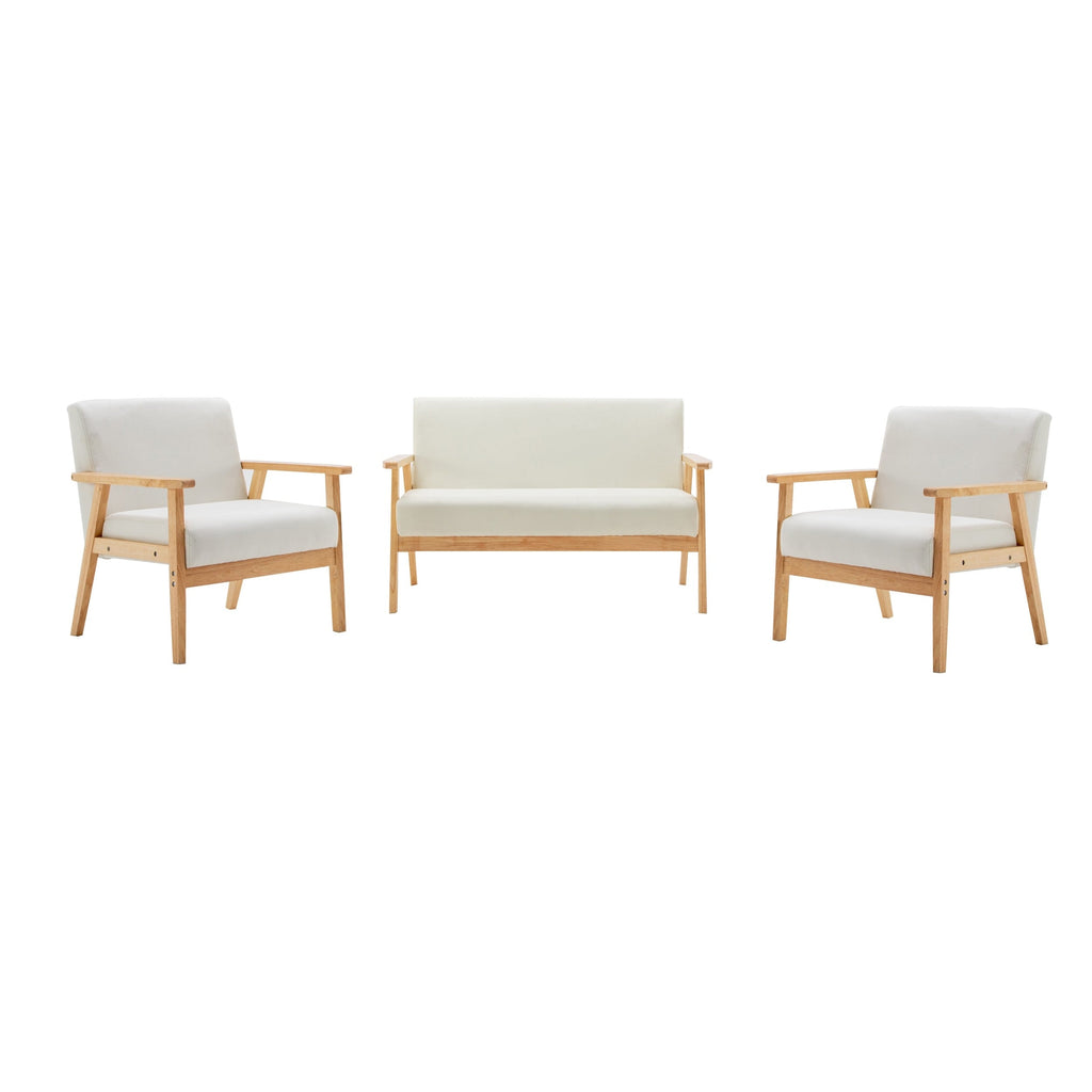 3 Piece Loveseat and Chair Set, Ivory Fabric, Espresso Wood Frame F2830