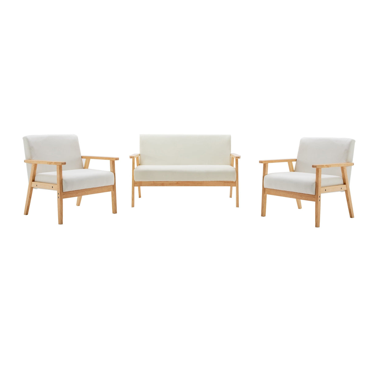 3 Piece Loveseat and Chair Set, Ivory Fabric, Espresso Wood Frame F2830