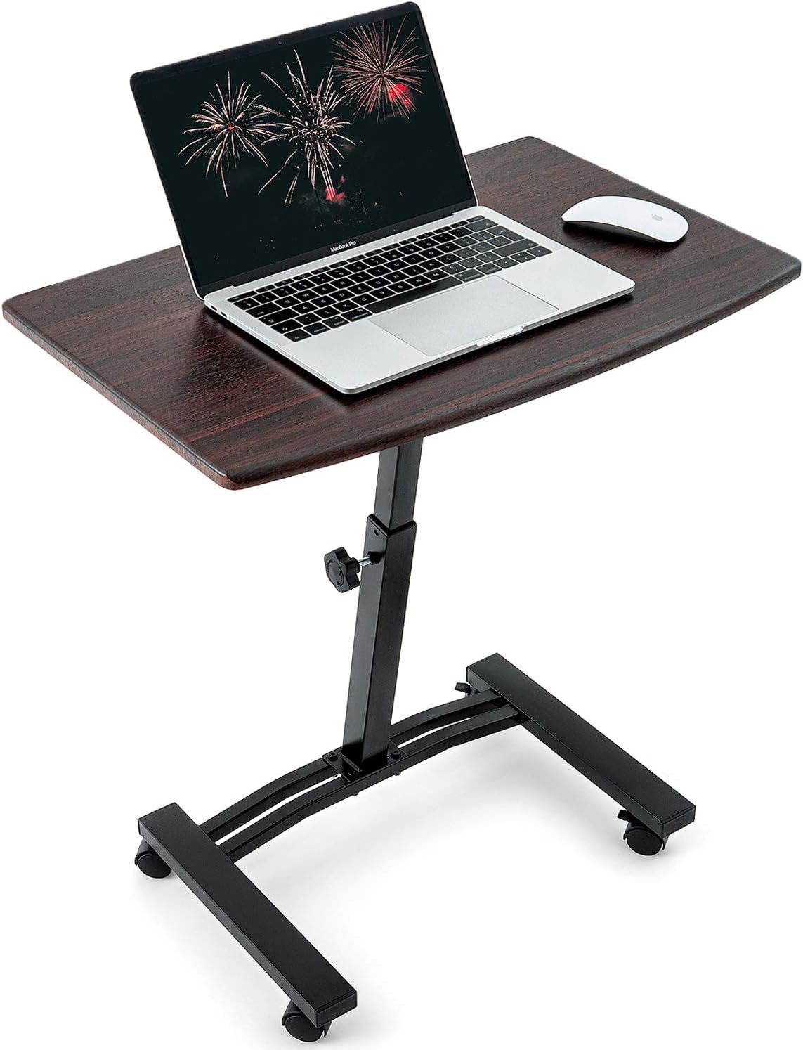 Portable Laptop Desk Cart with Height Adjustable Flat Top, Wheels and Stoppers, Brown H548