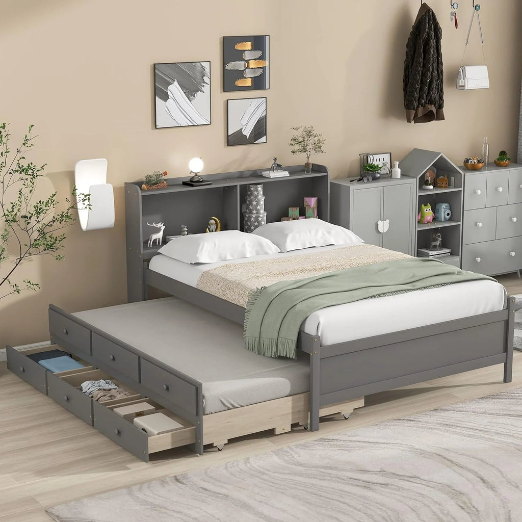 Full Size Solid Wood Platform Bed with Trundle, Drawers, and Bookcase Headboard T8923