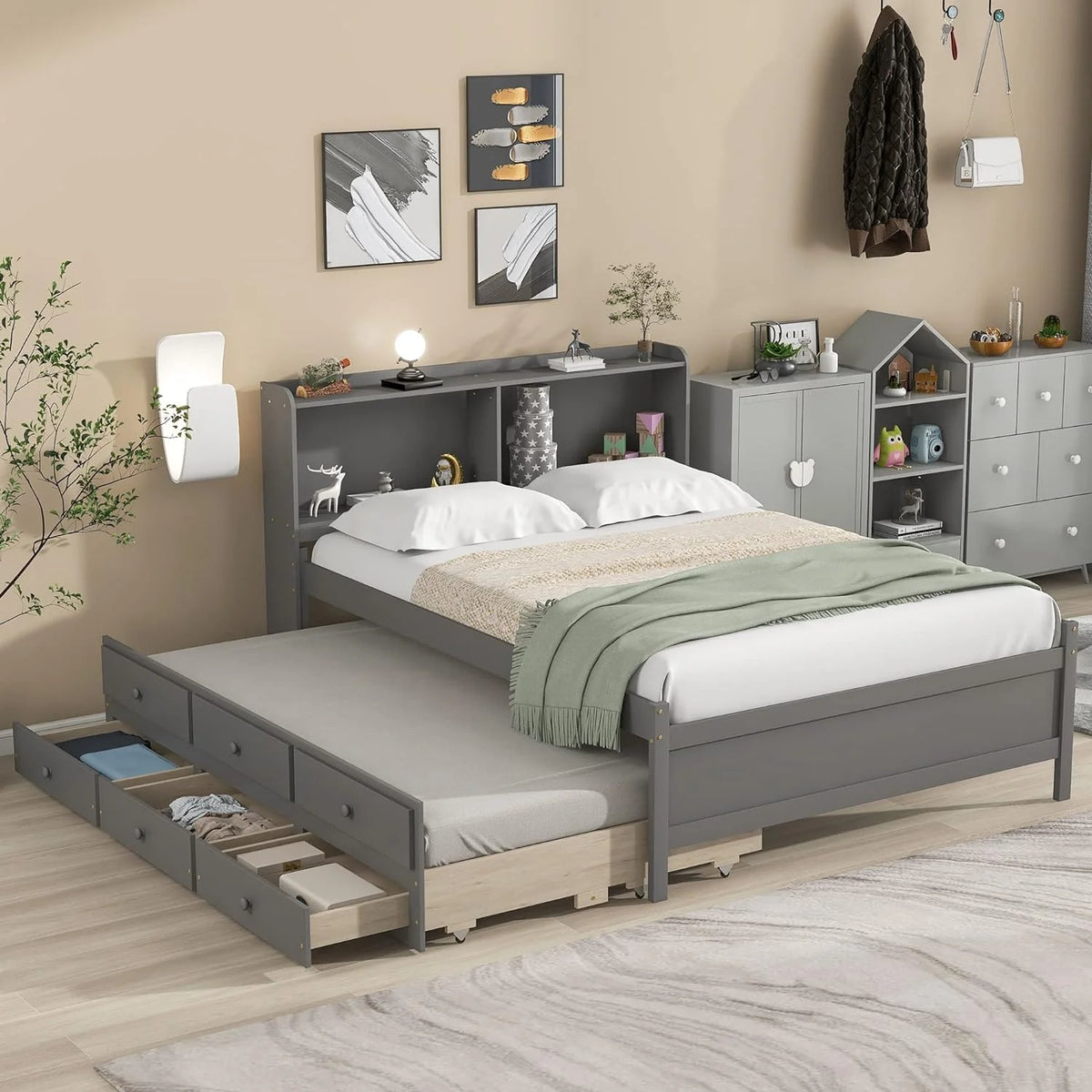 Full Size Solid Wood Platform Bed with Trundle, Drawers, and Bookcase Headboard T8923