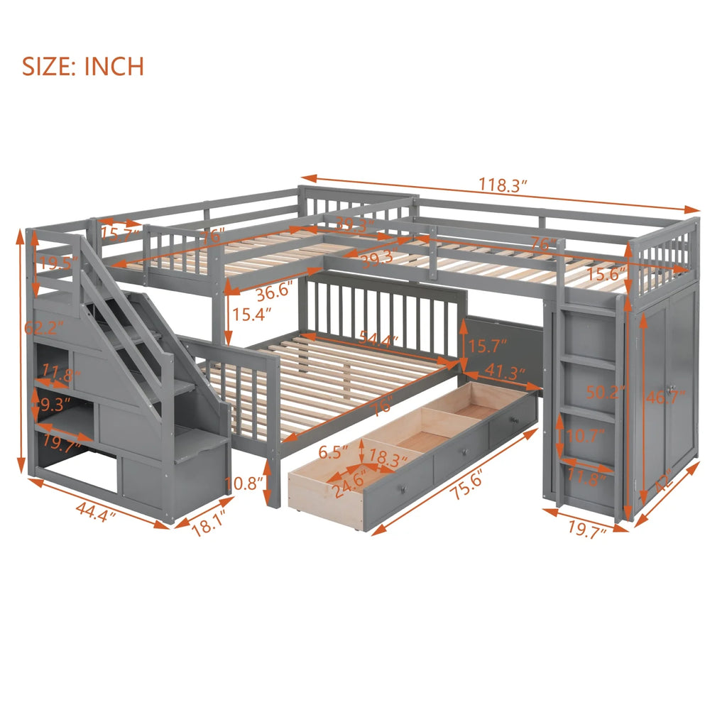 Twin-Twin Over Full L-Shaped Bunk Bed with Wardrobe and Desk I34736