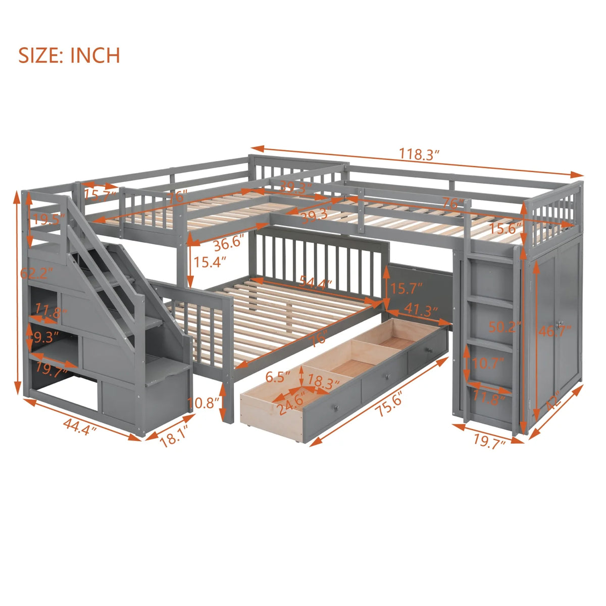 Twin-Twin Over Full L-Shaped Bunk Bed with Wardrobe and Desk I34736