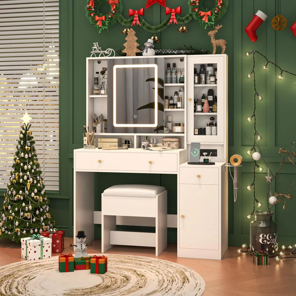 White Vanity Desk with Sliding Mirror and Lights S5072