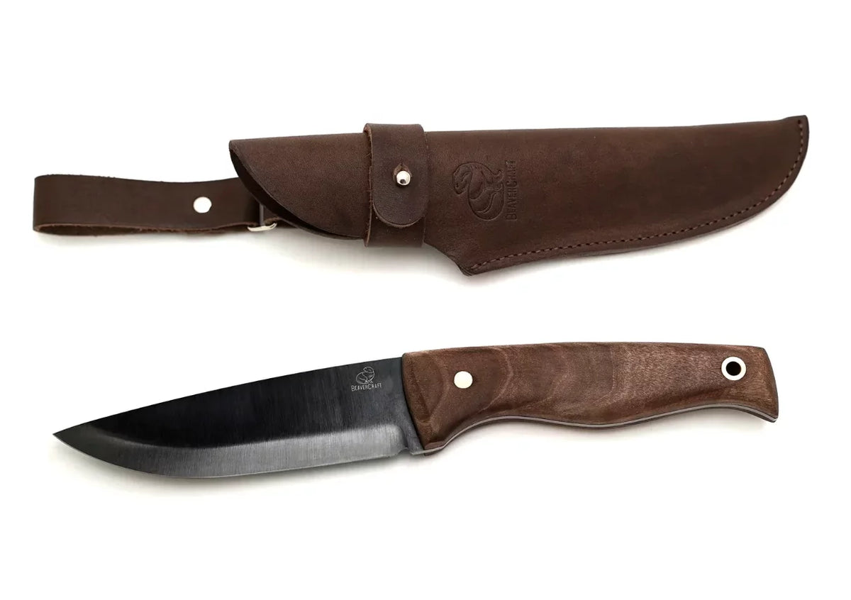 Carbon Steel Fixed-Blade Bushcraft Knife with Walnut Handle and Leather Sheath C927