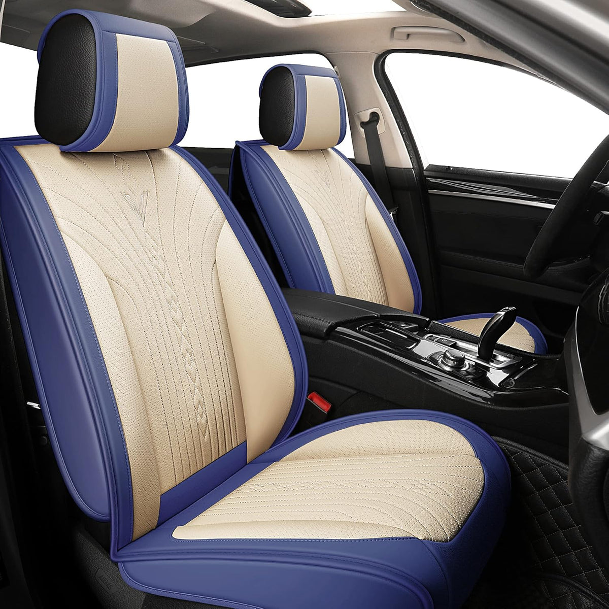 Beige and Blue Leather Car Seat Covers Full Set H510