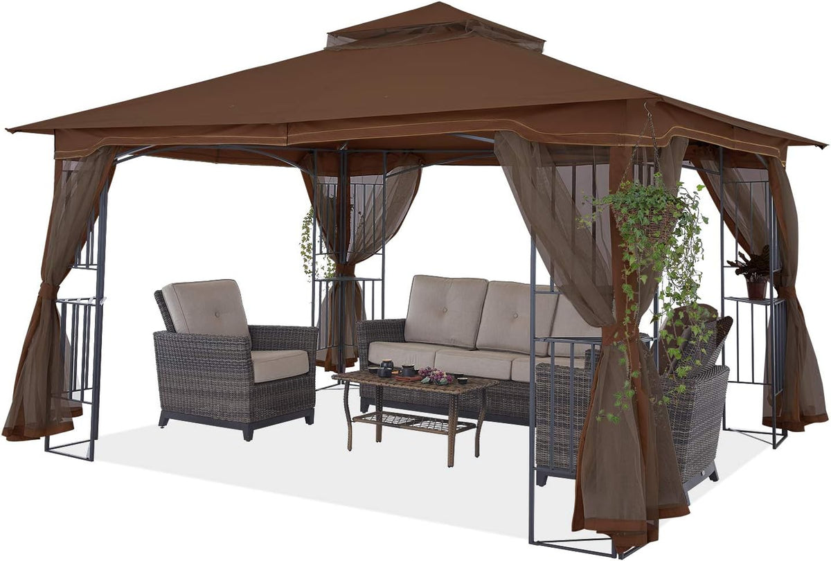 11x13 Patio Gazebo with Netting Screen Walls Beige S91049