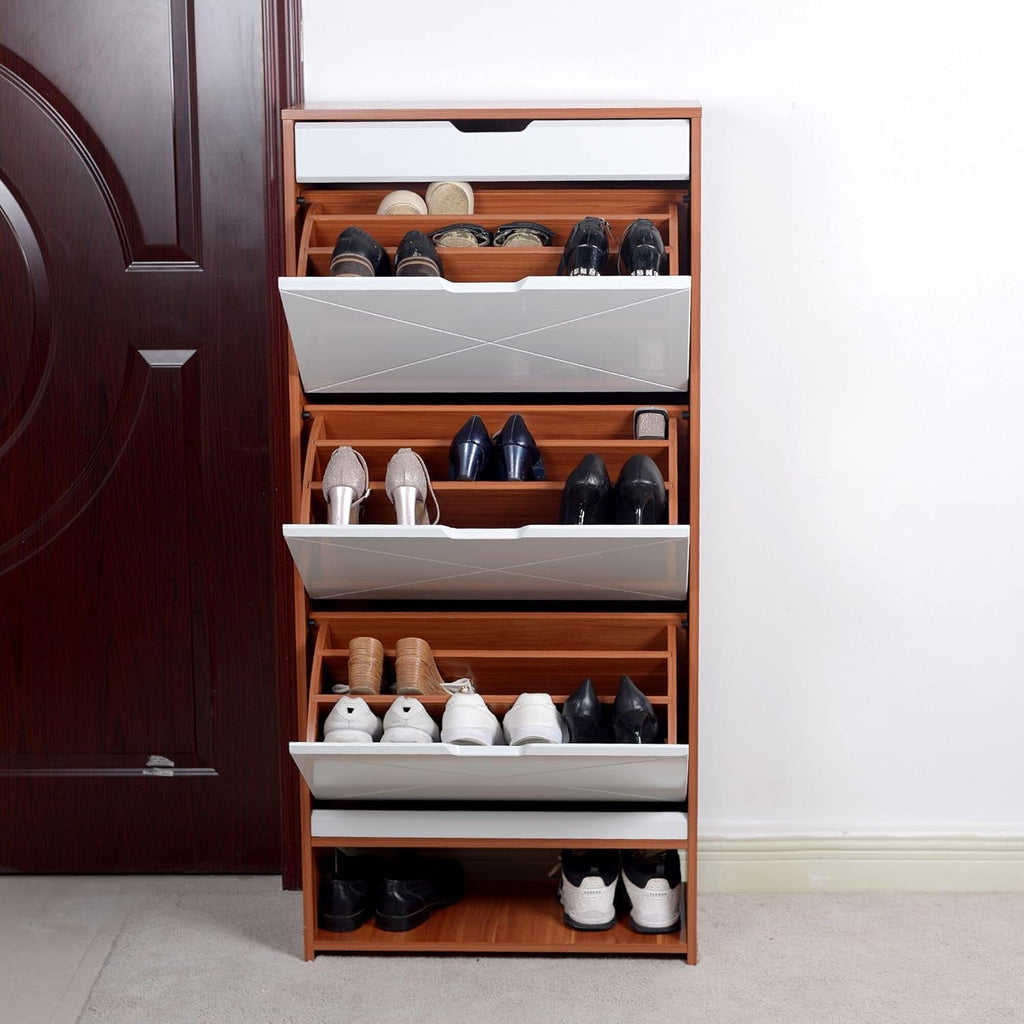 Shoe Storage Cabinet Wood with Doors and Shelves, 4 Fold Out Drawers L915