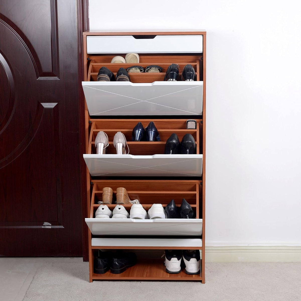 Shoe Storage Cabinet Wood with Doors and Shelves, 4 Fold Out Drawers L915