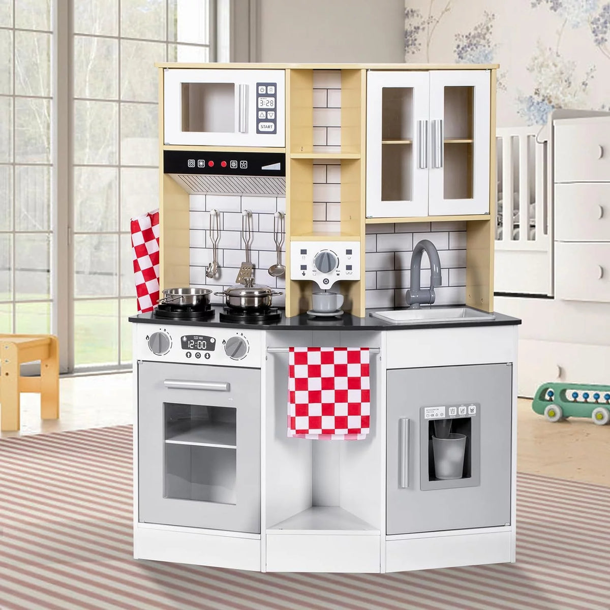 Wooden Play Kitchen with Sink Microwave Oven and Sound R4652