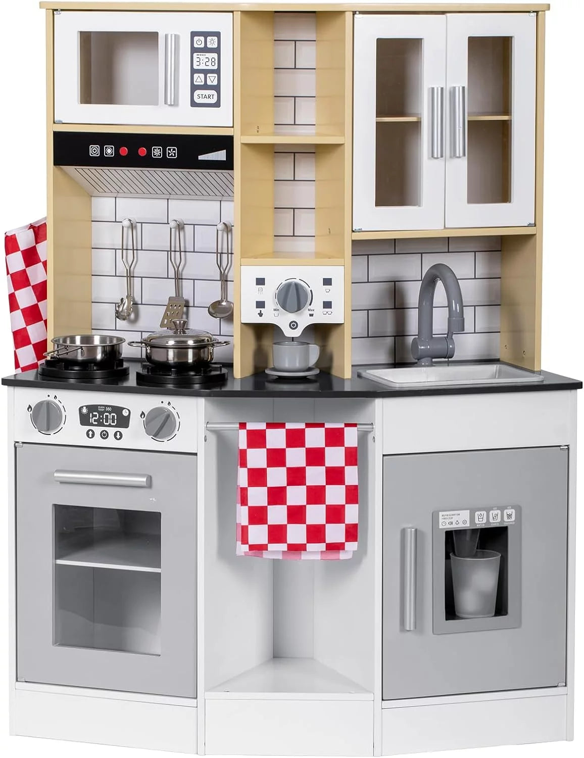 Wooden Play Kitchen with Sink Microwave Oven and Sound R4652