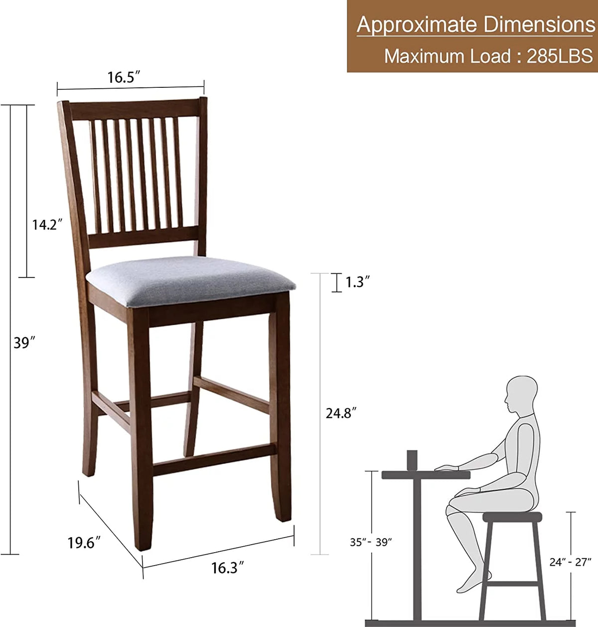 Wood Bar Stools Set of 2 Upholstered Counter Height Chairs Walnut I87543