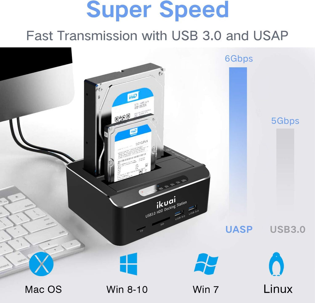 SATA to USB 3.0 Dual Bay Hard Drive Dock with SD TF Card Reader and Offline Clone Function W753847