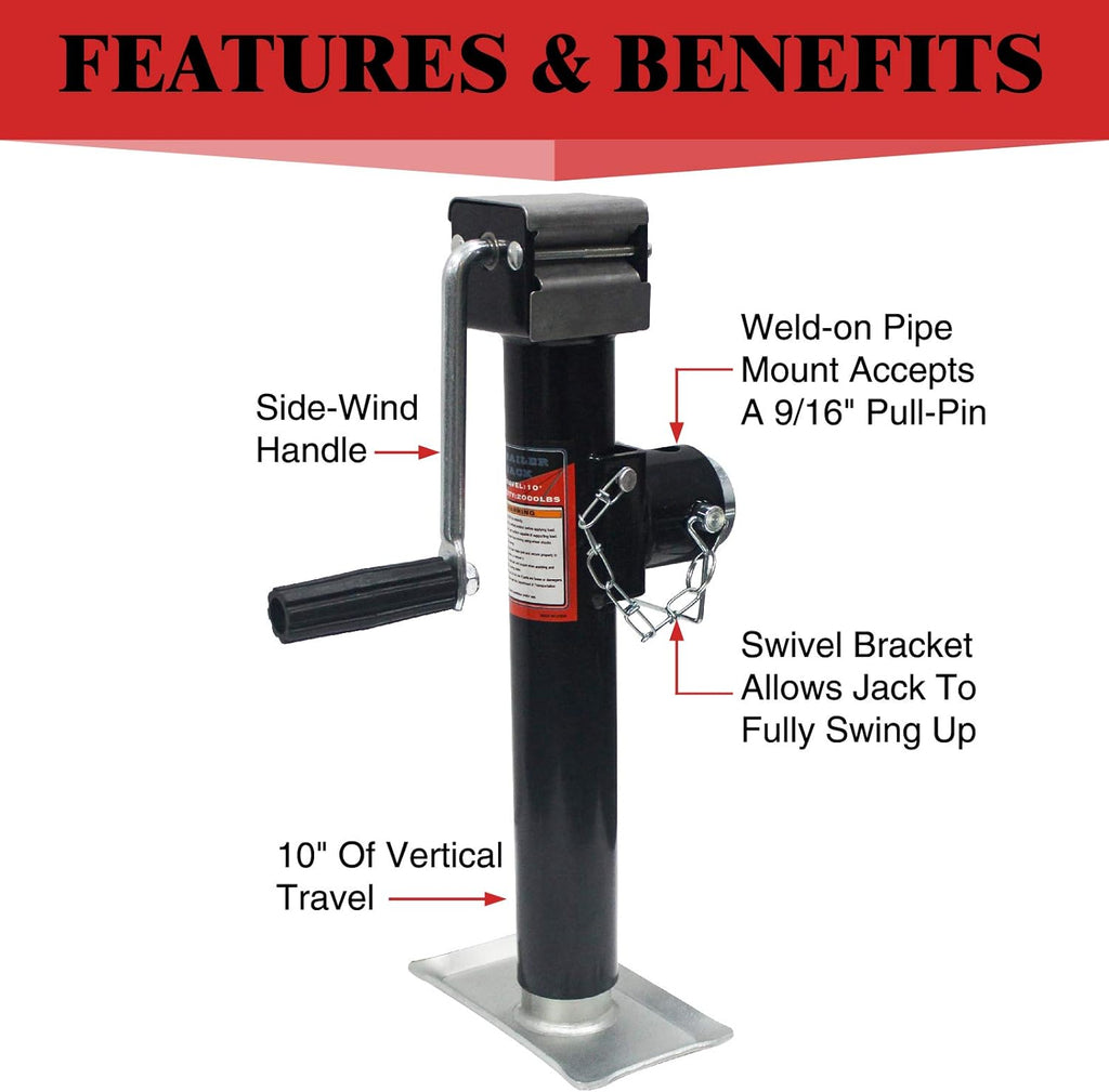 Side Wind Weld-On Pipe-Mount Swivel Trailer Jack 5000 lbs 10 Inches Vertical Travel A3 Steel Pack of 2 T93176