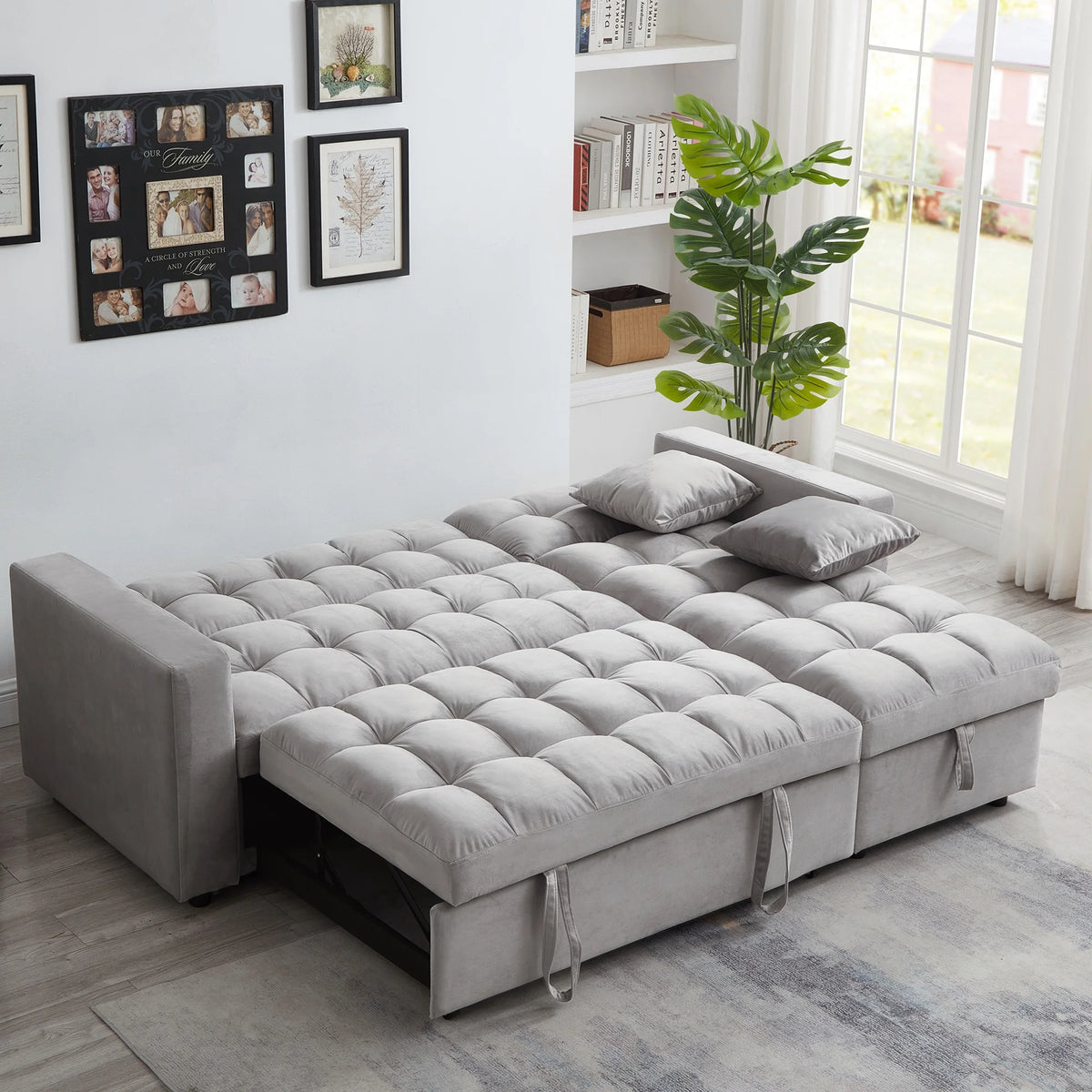 Queen Size L-Shaped Sleeper Sofa Bed with Storage Chaise N2646