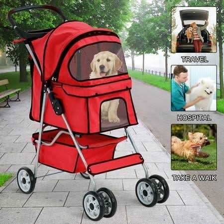 Foldable 4 Wheel Pet Stroller with Storage Basket Y983597