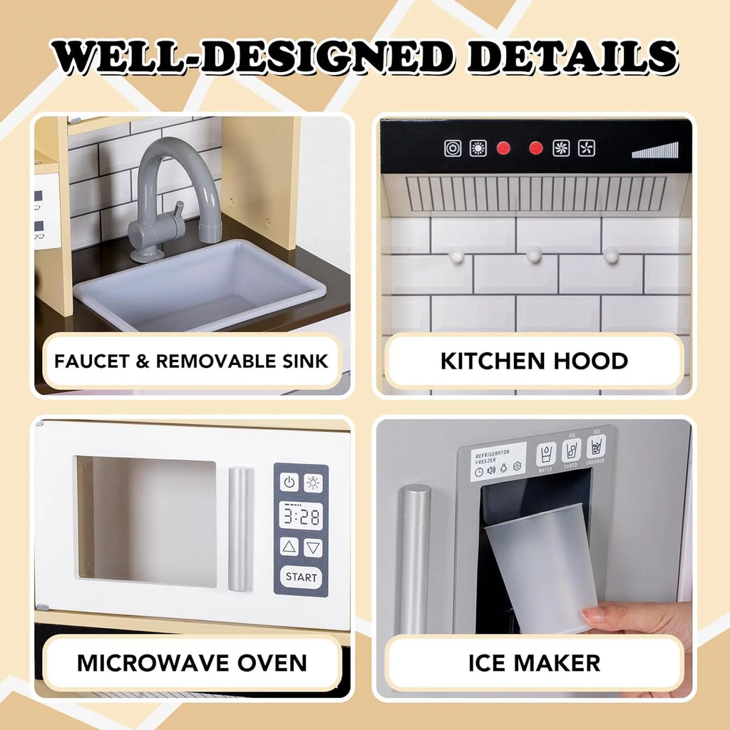 Wooden Play Kitchen with Sink Microwave Oven and Sound R4652