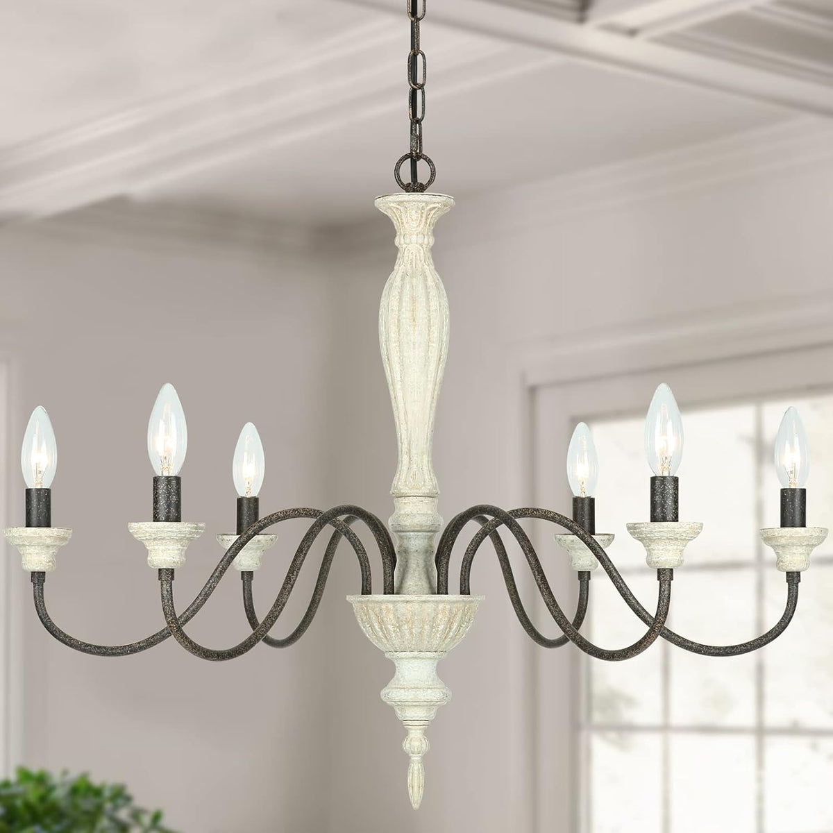 6-Light Chandelier with Imitation Wood and Stardust Iron U980960