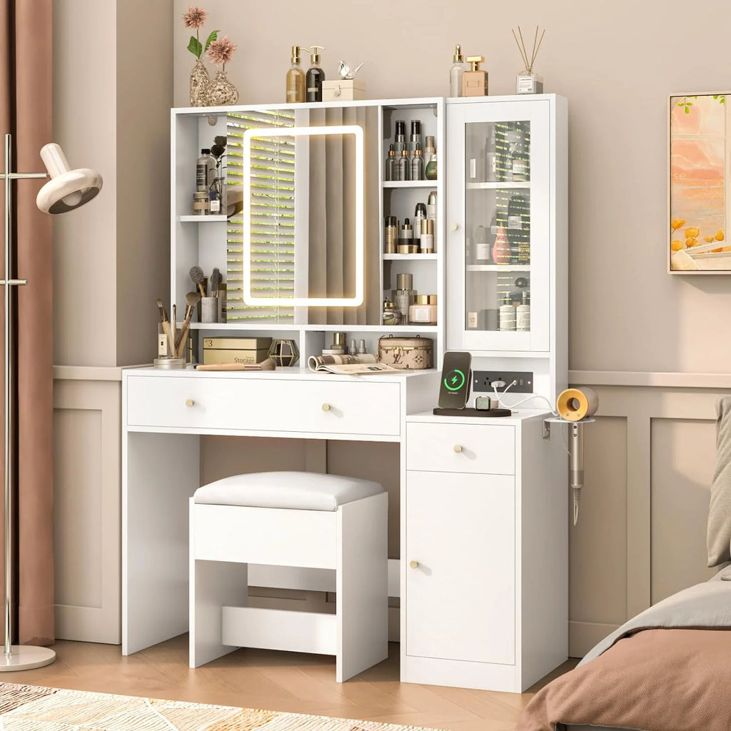 White Vanity Desk with Sliding Mirror and Lights S5072