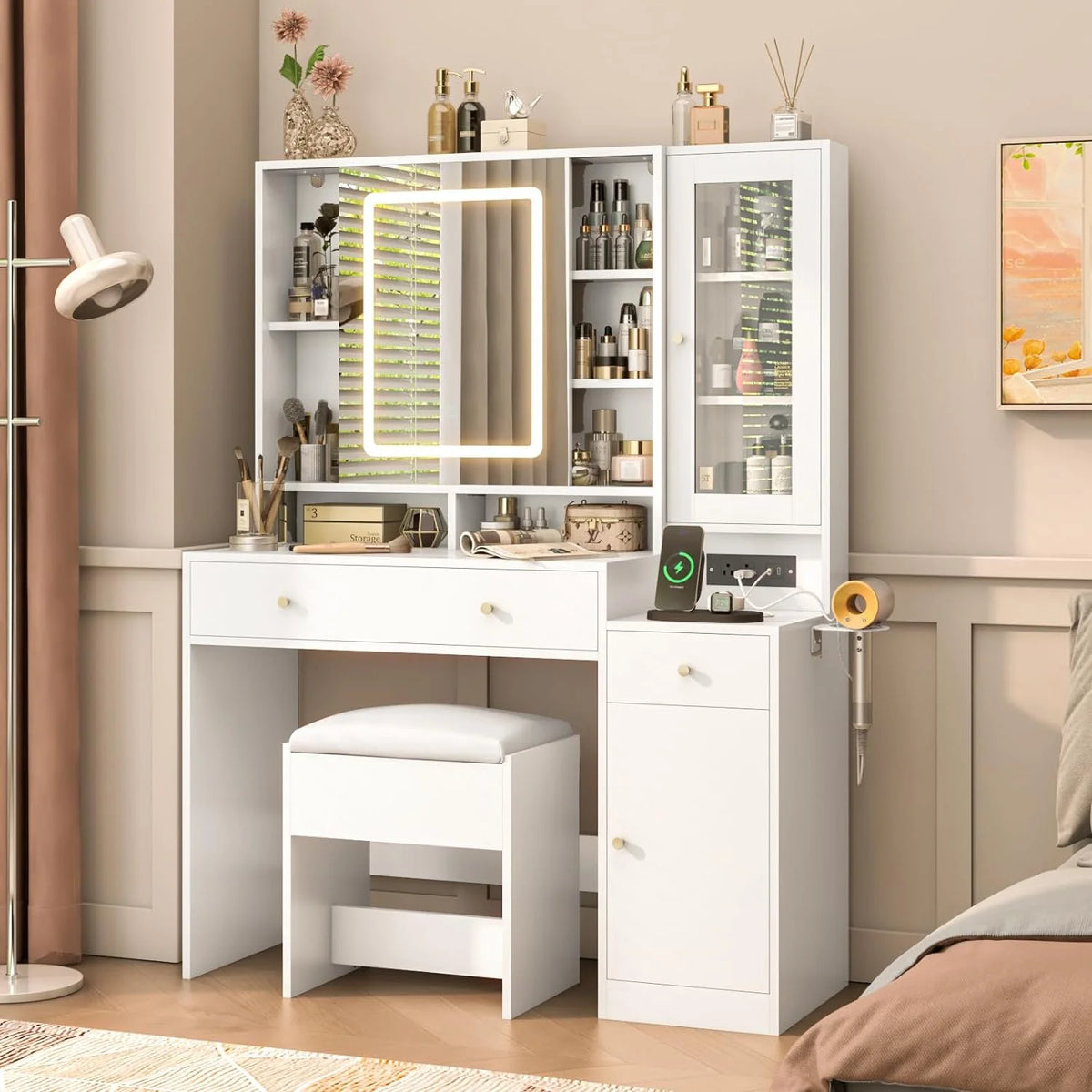 White Vanity Desk with Sliding Mirror and Lights S5072