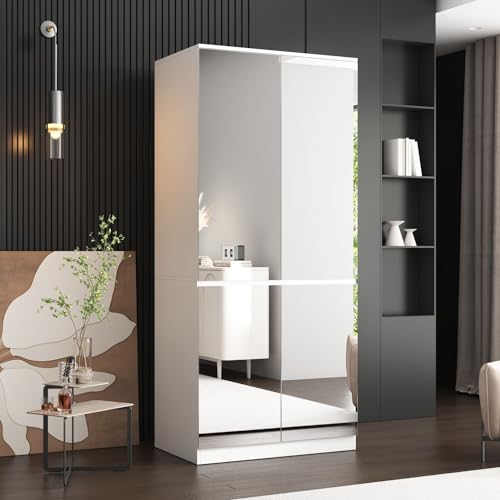 White 4 Door Mirrored Wardrobe Closet with Hanging Rod J55453