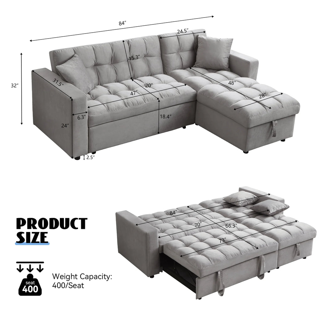 Queen Size L-Shaped Sleeper Sofa Bed with Storage Chaise N2646
