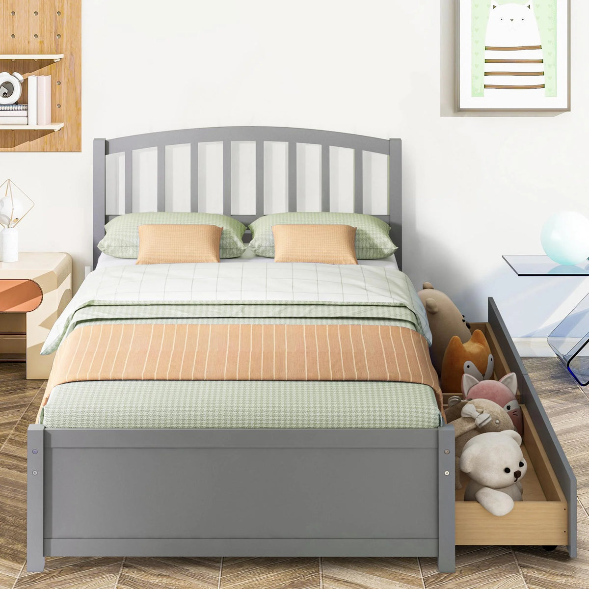 White Wood Twin Size Platform Bed with 2 Drawers S66372