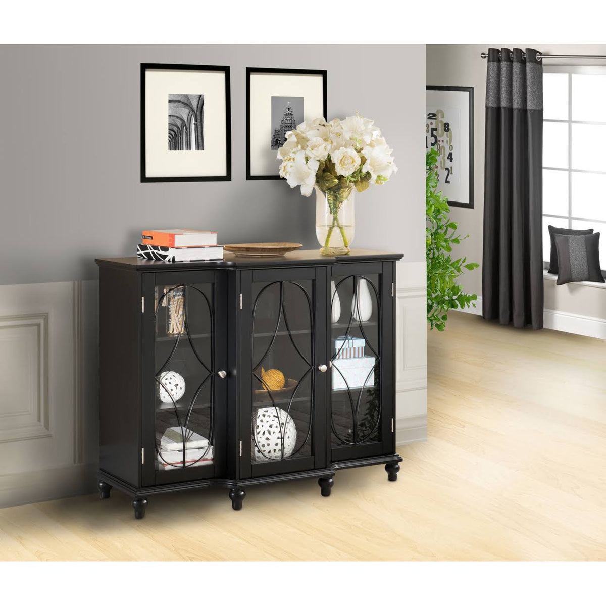 Black Wood Sideboard Buffet Console Table with Glass Cabinet Doors I945142