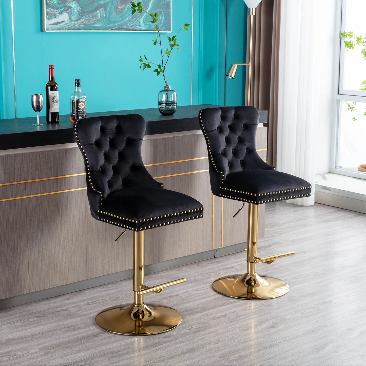 Black Velvet Swivel Bar Stools Set Of 2 Adjustable Counter Height C730