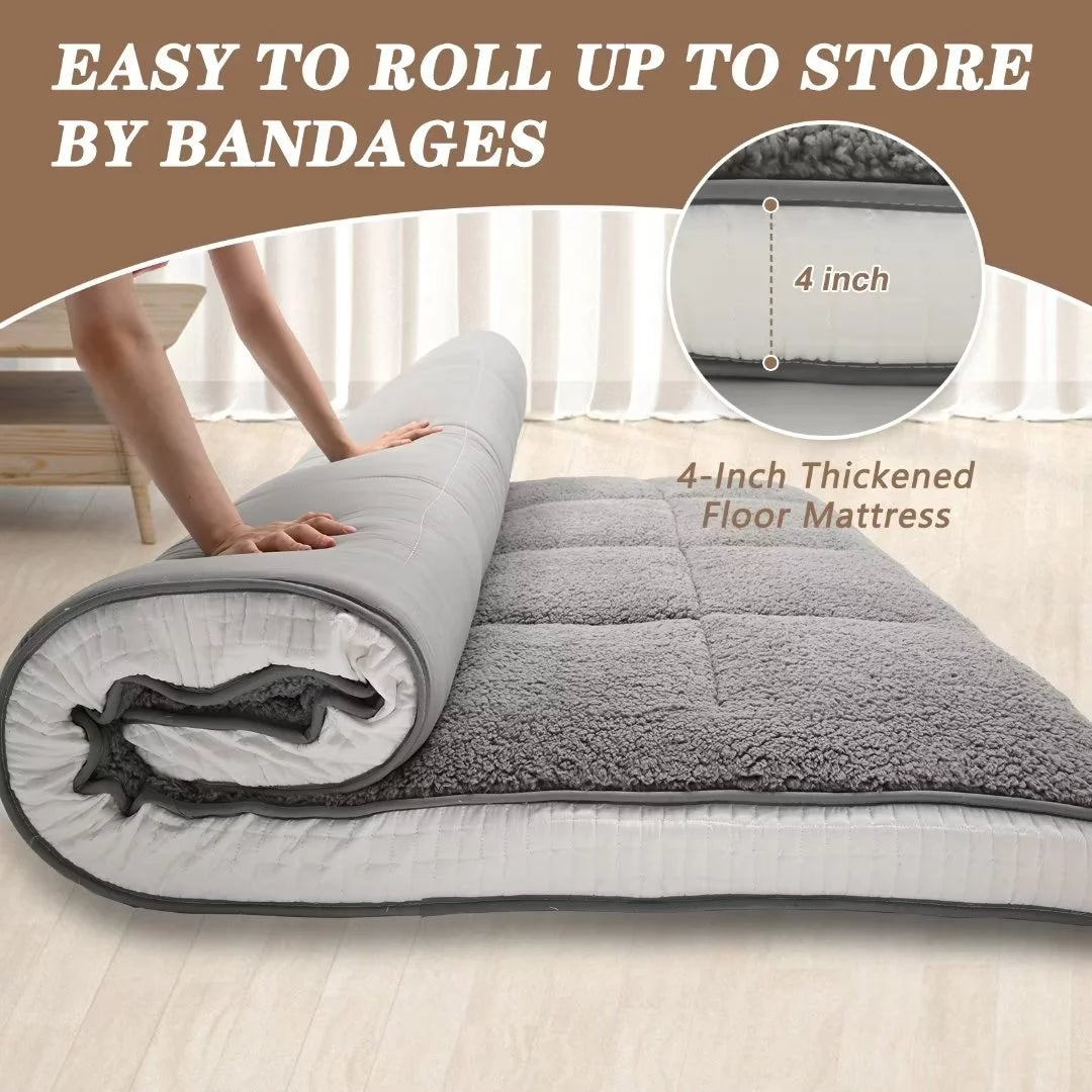 Japanese Floor Mattress 4" Thick Sherpa Fleece Futon Mattress S569129