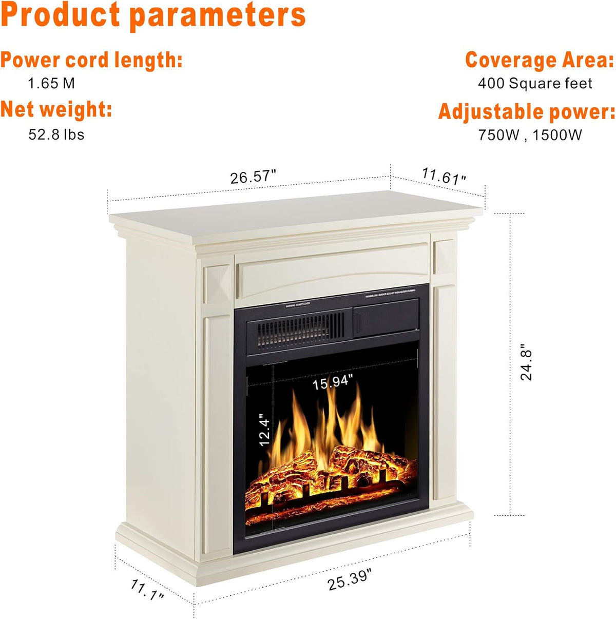26’’ Electric Fireplace Heater with Remote Control, White M137382