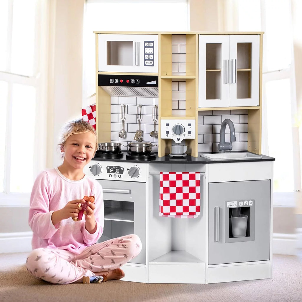 Wooden Play Kitchen with Sink Microwave Oven and Sound R4652